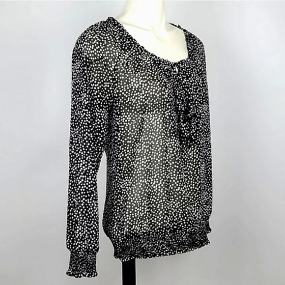 ESPRIT  Blouse Top Black White Polka Dots Semi Sheer Ruffle Long Sleeves Size XS - Picture 2 of 14